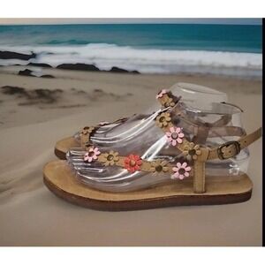 Vtg Rainbow Flip Flops  Delilah Floral Leather  Sandal Boho Festival  Arch Supp